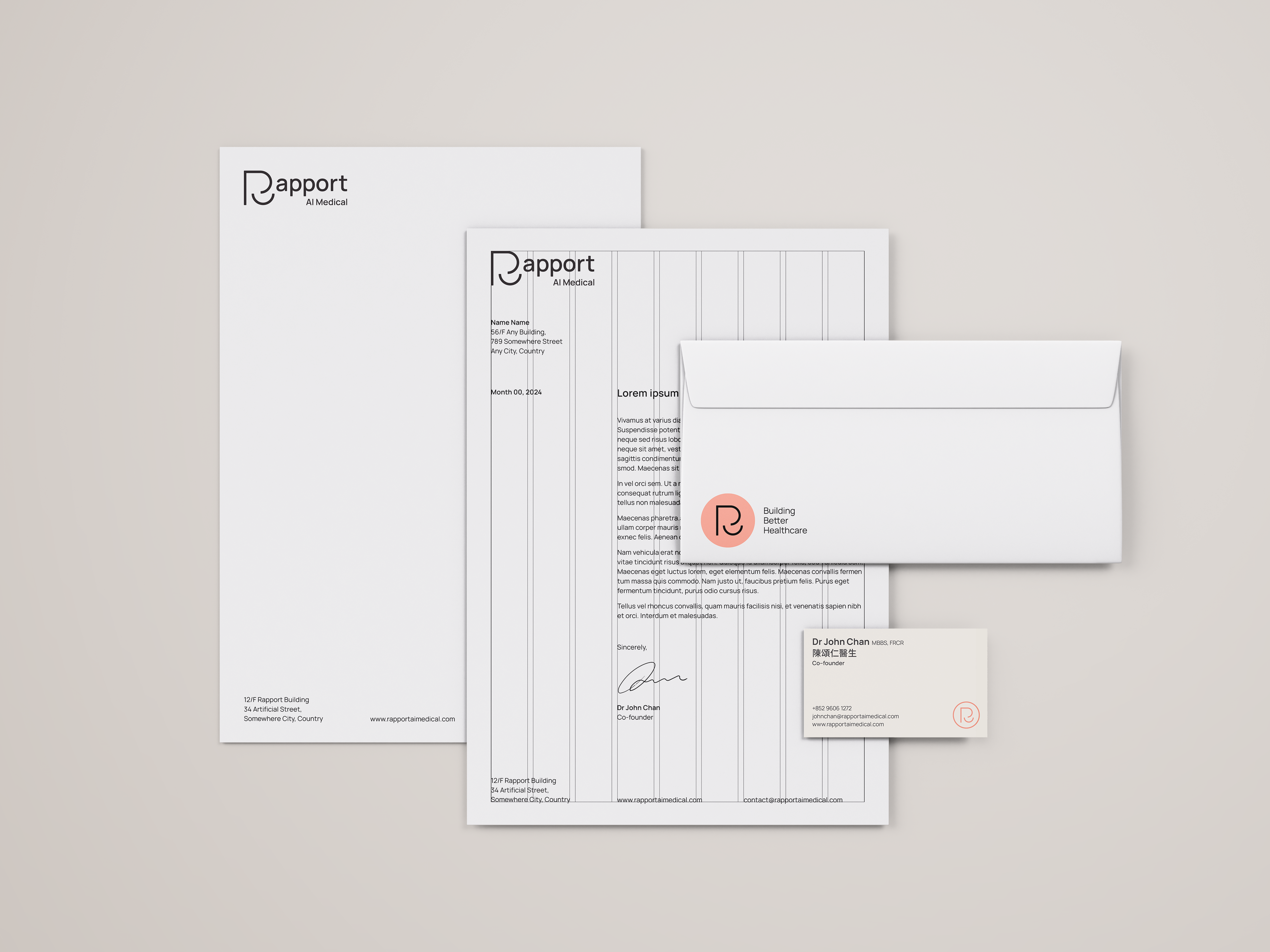 Stationery set with letterhead, envelope, and business card