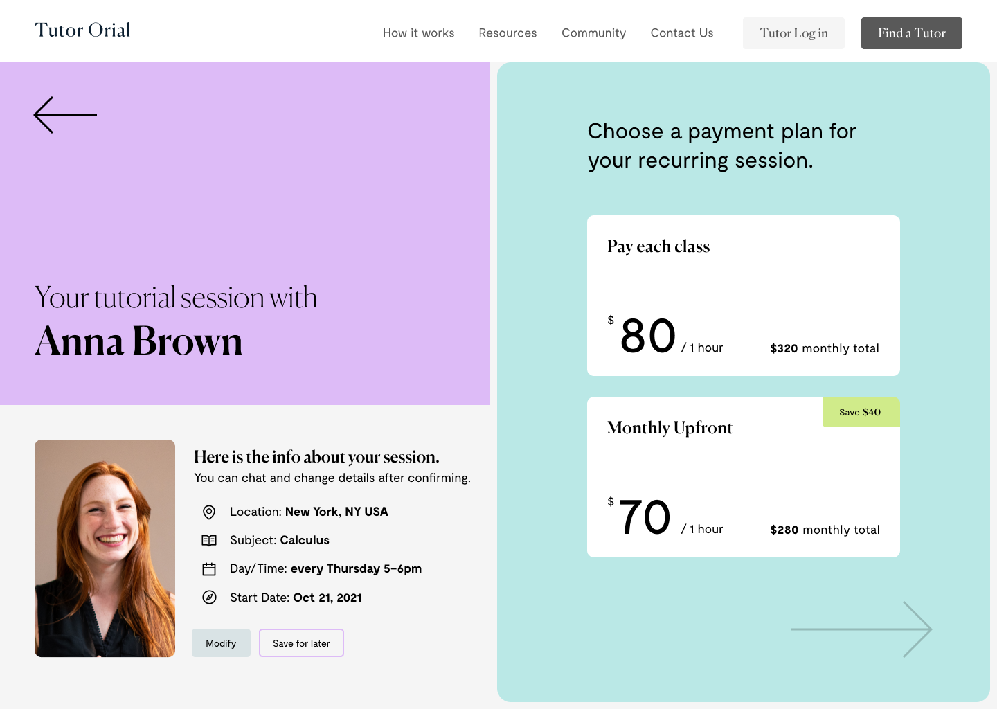 Screen of payment plan options