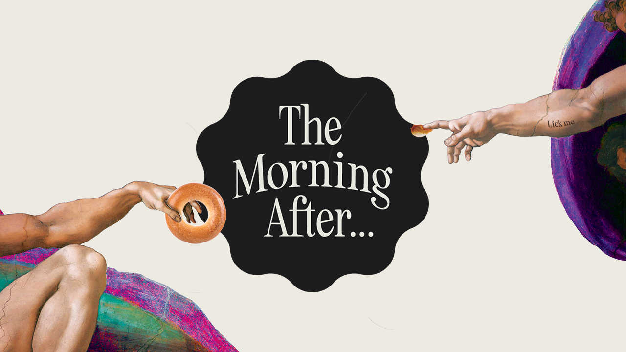 The Morning After logo centered, with Creation of Adam parody image holding a bagel in the left hand and having spread on index finger on the right