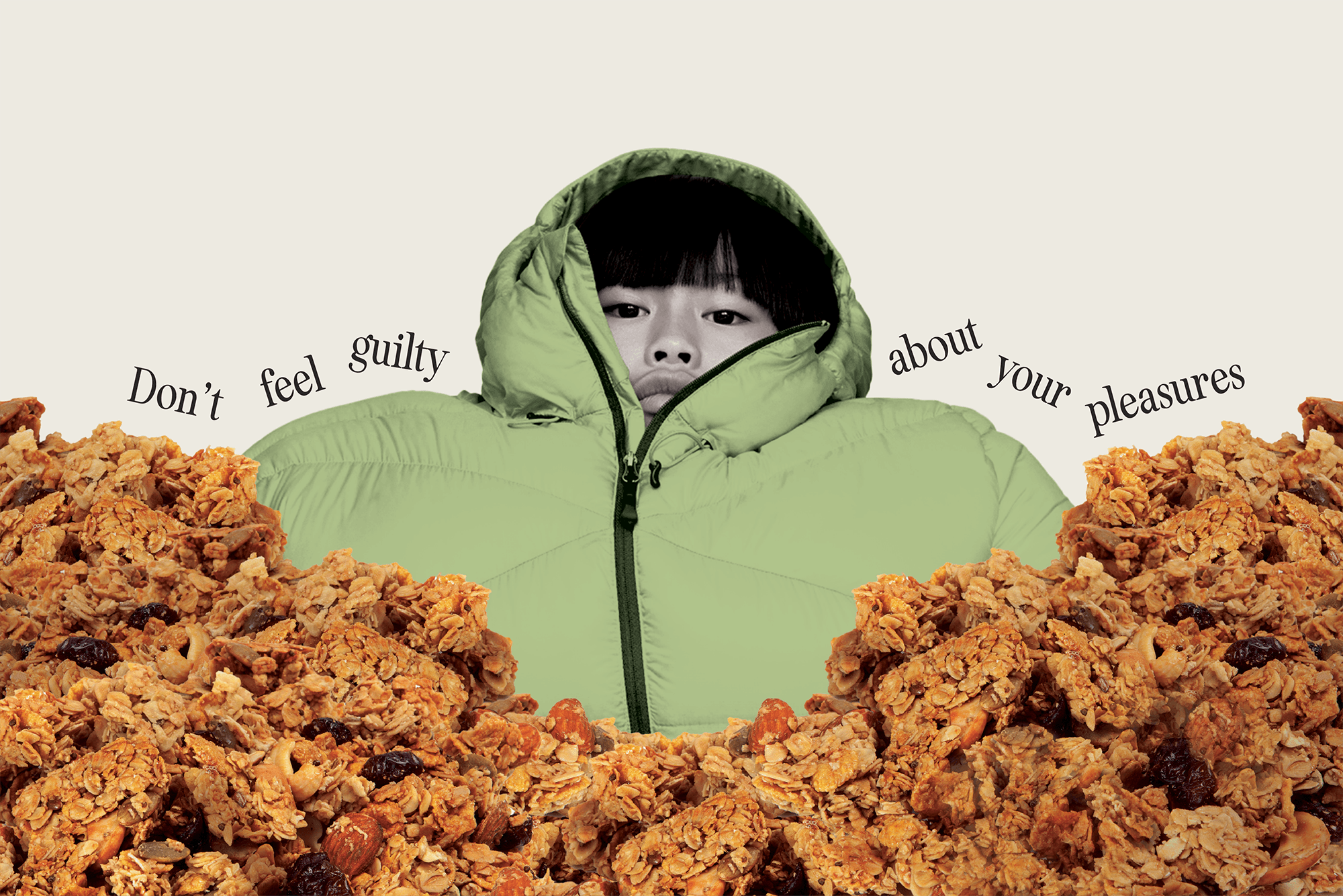 Asian kid with funny face in green puffer jacket in a pile of granola with text across. Reads: Don't feel guilty about your pleasures