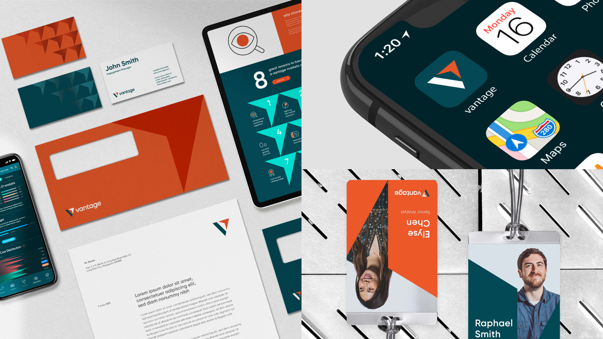 Compilation of stationery mock up, iPhone icon close up, and staff ID badges