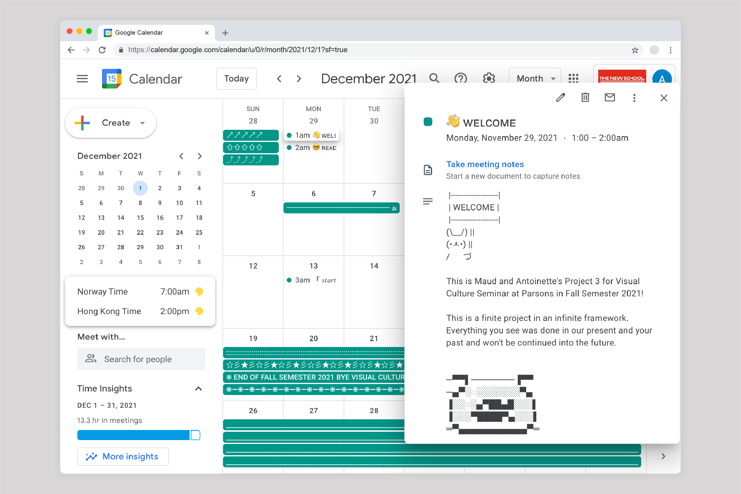 Google Calendar website of project page in Goolge Chrome browser