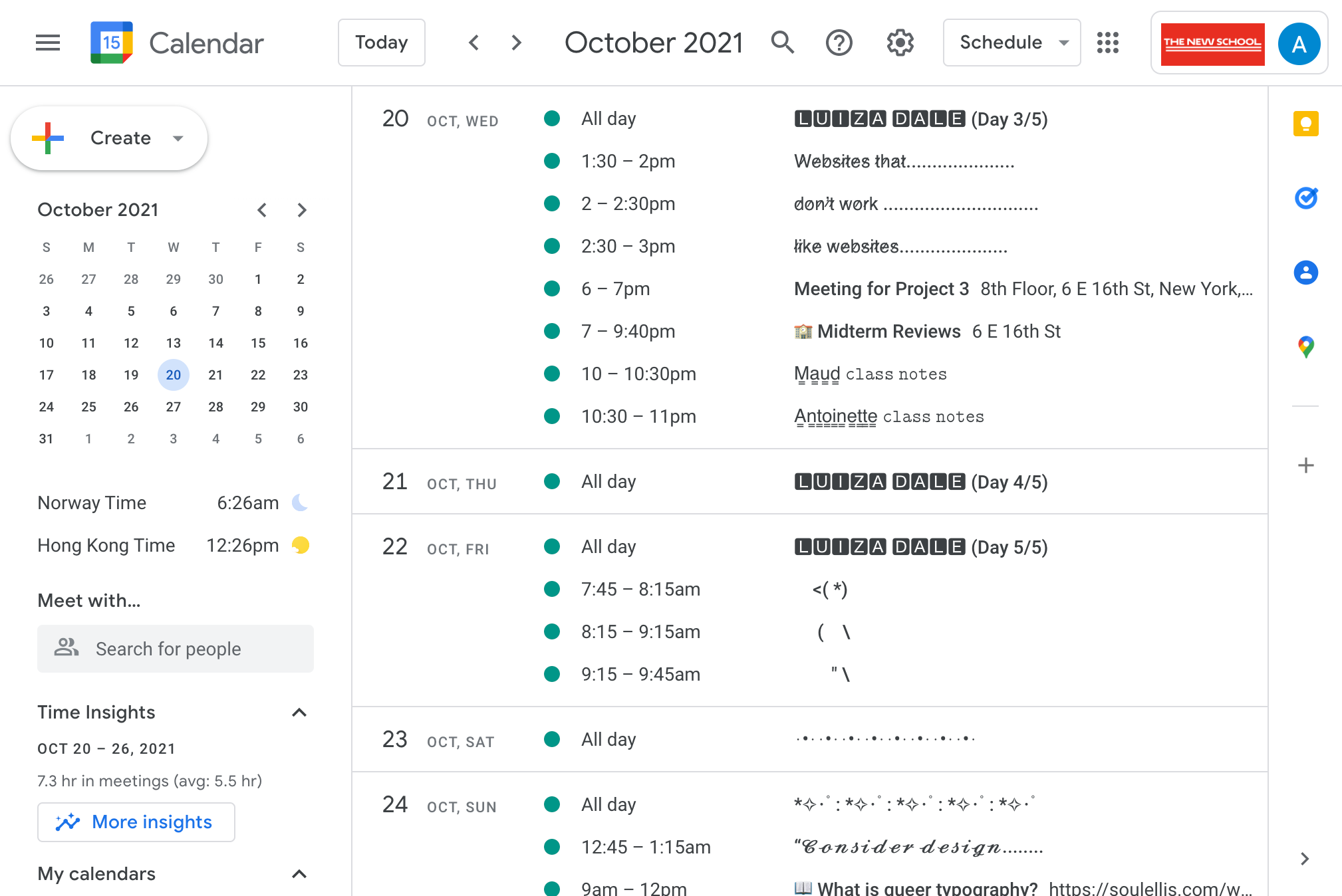 Screenshot of project in Google Calendar schedule view