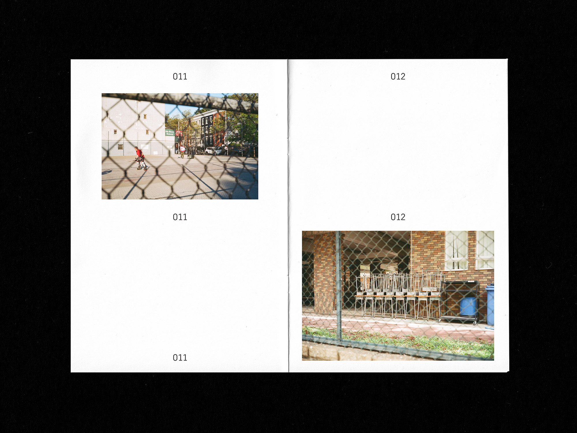Spreads of zine: left image - hockey players in roller skates taken from outside barbwire; right image - stacked student desks taken from outside barbwire