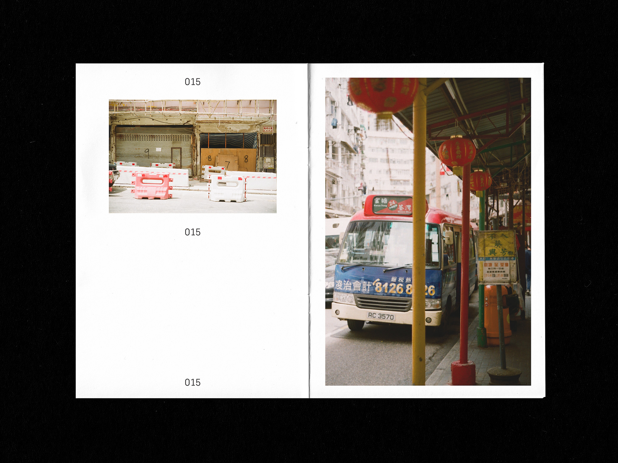 Spreads of zine: left image - red and white traffic barriers; right image - mini bus parked at mini bus stop