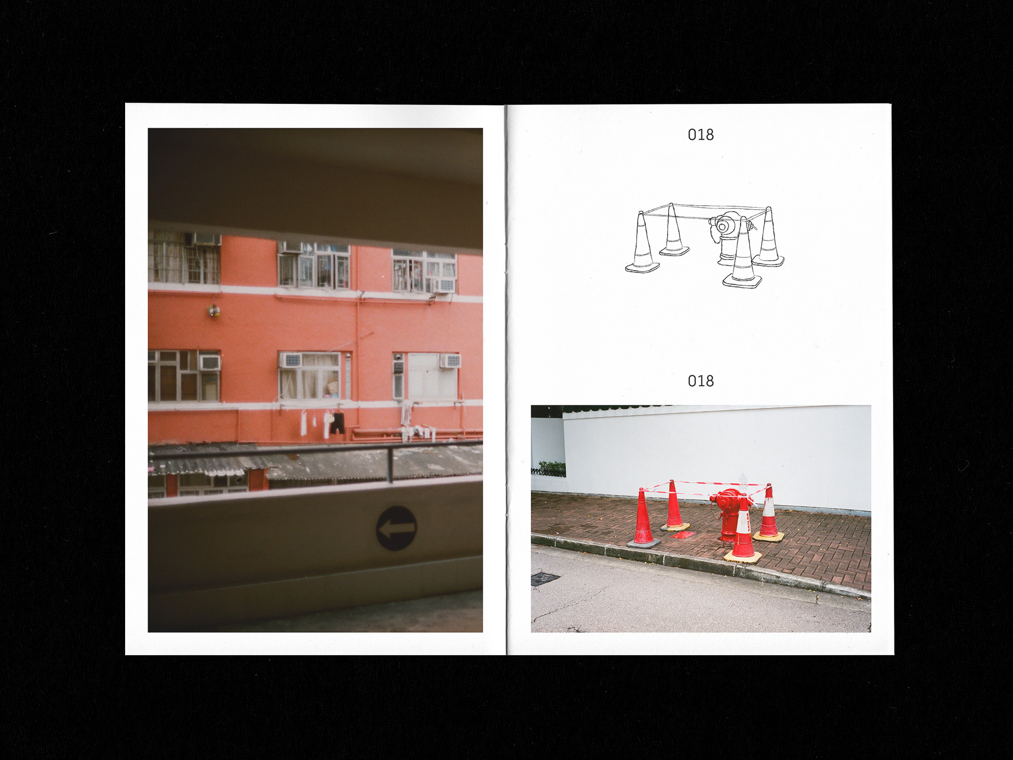 Spreads of zine: left image - exterior red wall of opposite apartment building taken from public carpark; right image - four traffic cones surrounding fire hydrant