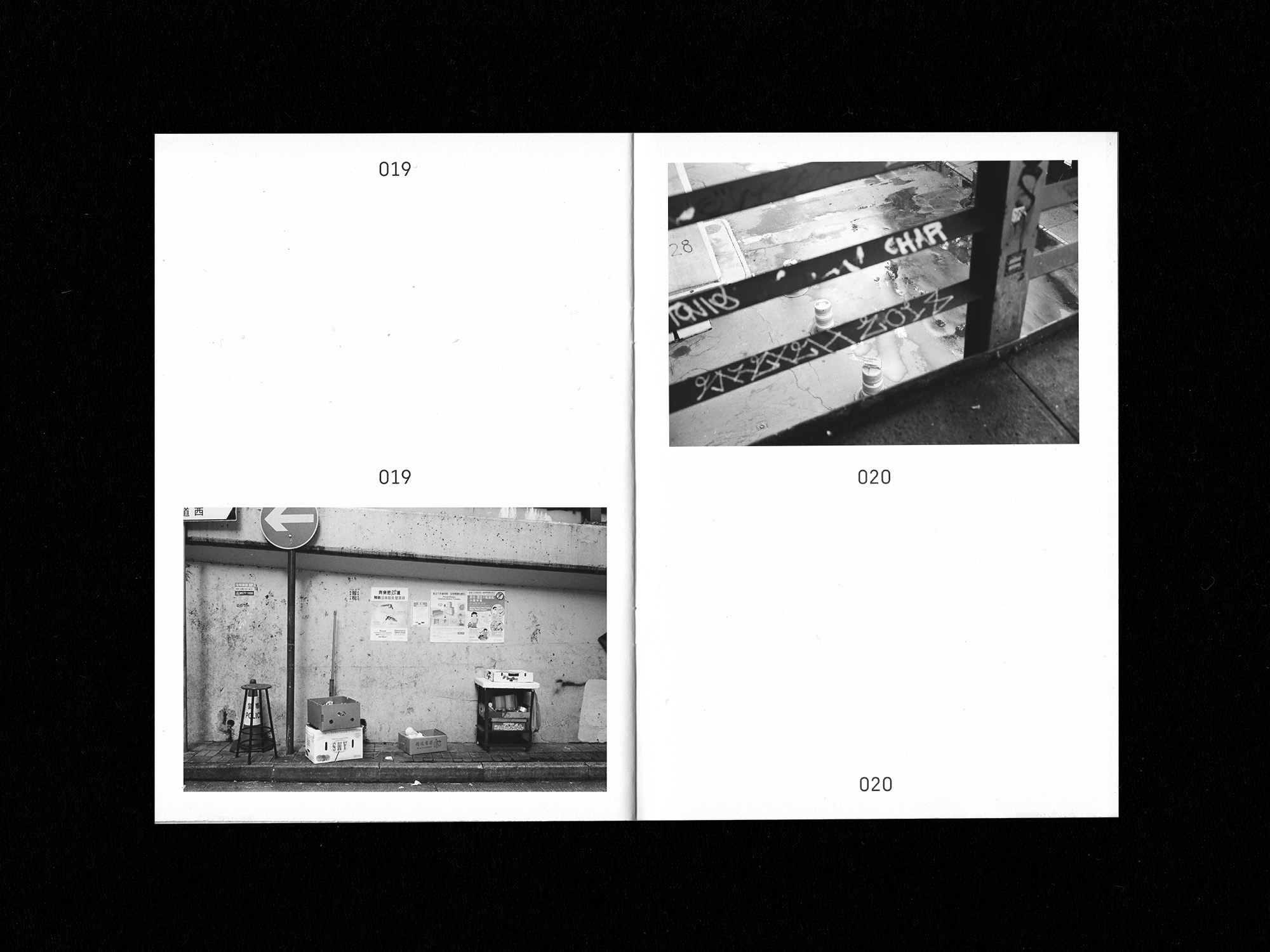 Spreads of zine: left image - miscellaneous items on street in b/w; right image - graffiti writings on metal side rails on bridge walkway in b/w