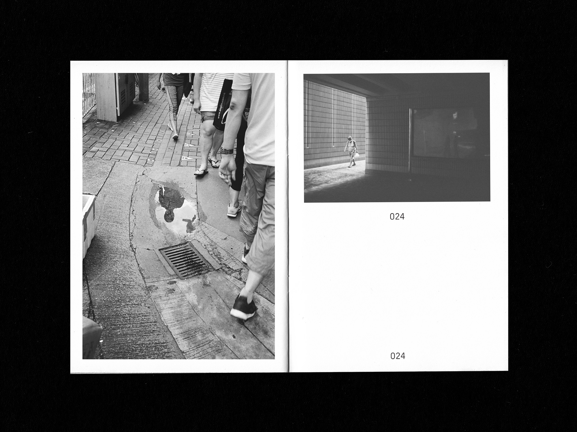 Spreads of zine: left image - face of passerby reflected on puddle on floor in b/w; right image - passerby walking into frame from corner