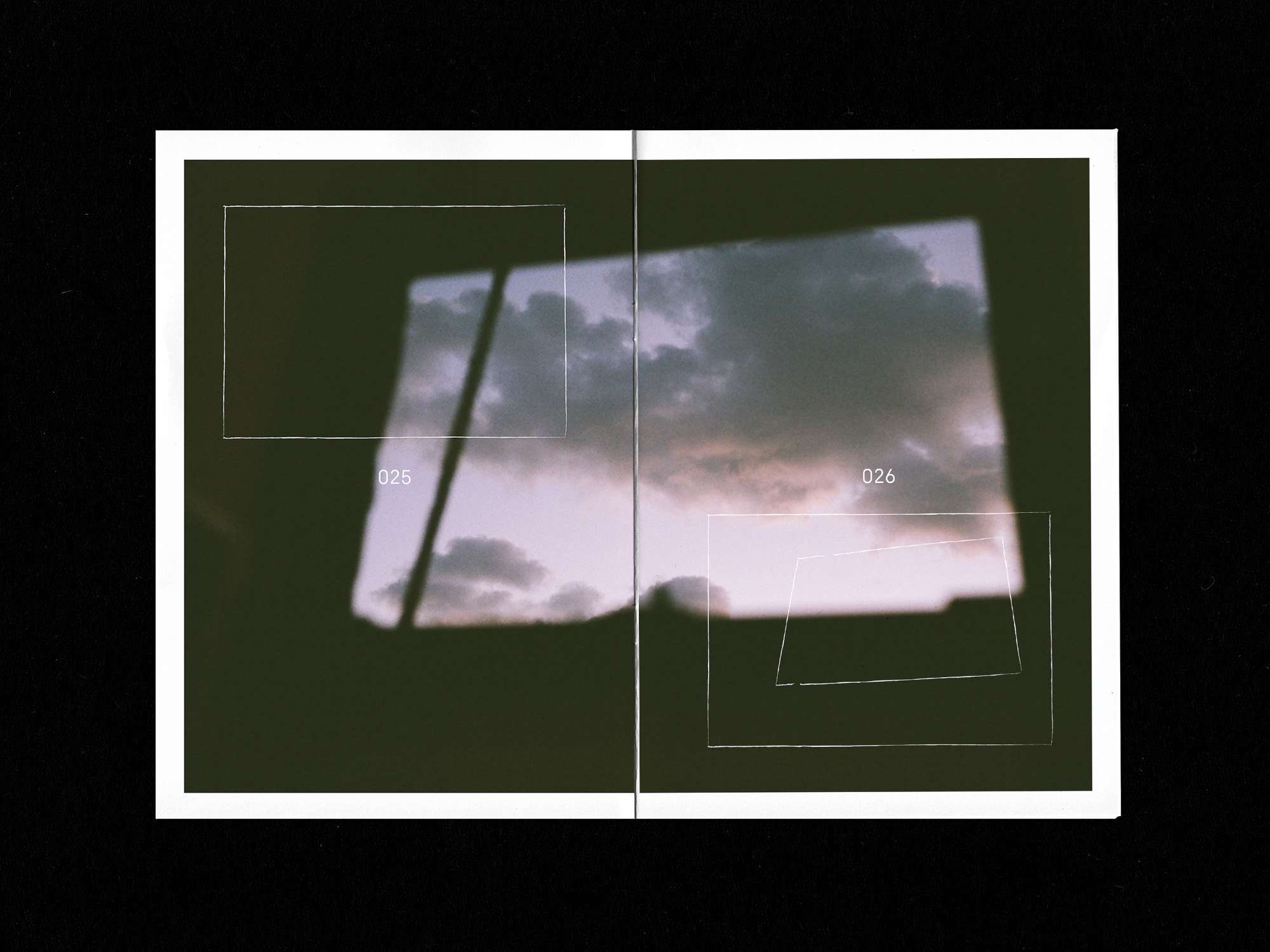 Spreads of zine: high window showing sunset clouds in pastel orange and purple