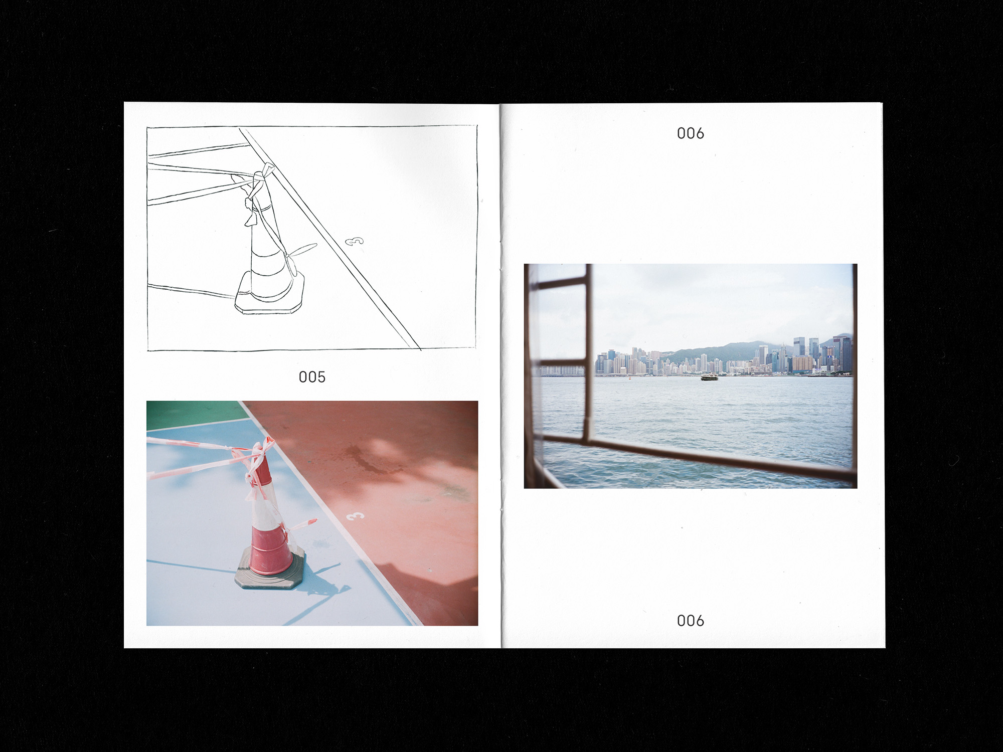 Spreads of zine: sketch of cone on public basketball court and reference image below; view of Victoria Harbour from Harbour Ferry
