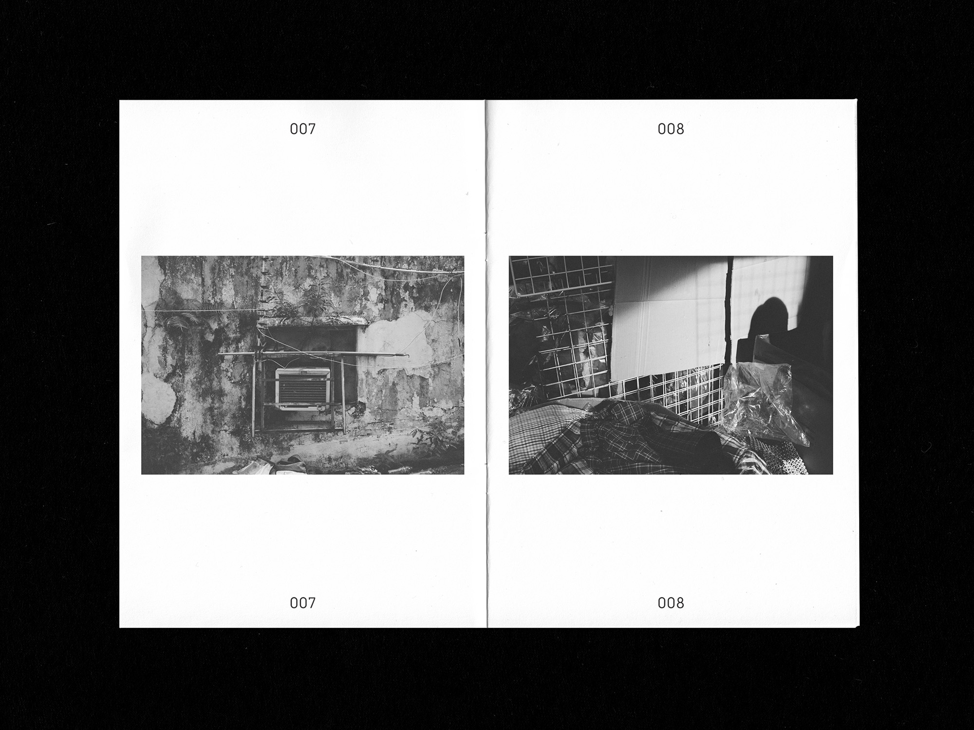 Spreads of zine: left image - peeling external wall and A/C in b/w; right image -  shadows on cardboard paper and metal wire frame in b/w