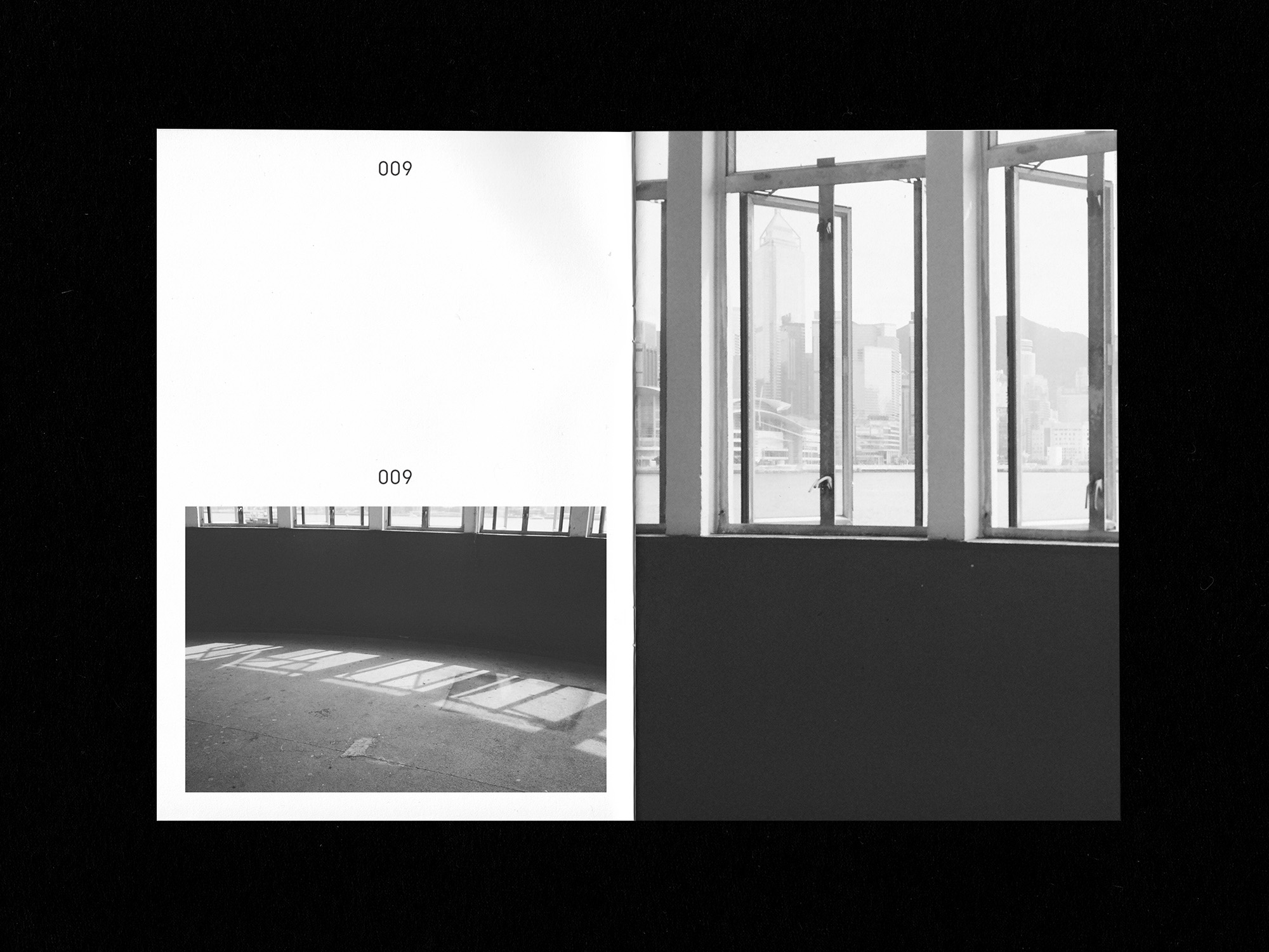 Spreads of zine: windows looking out at Hong Kong Island side of Victoria Harbour in b/w